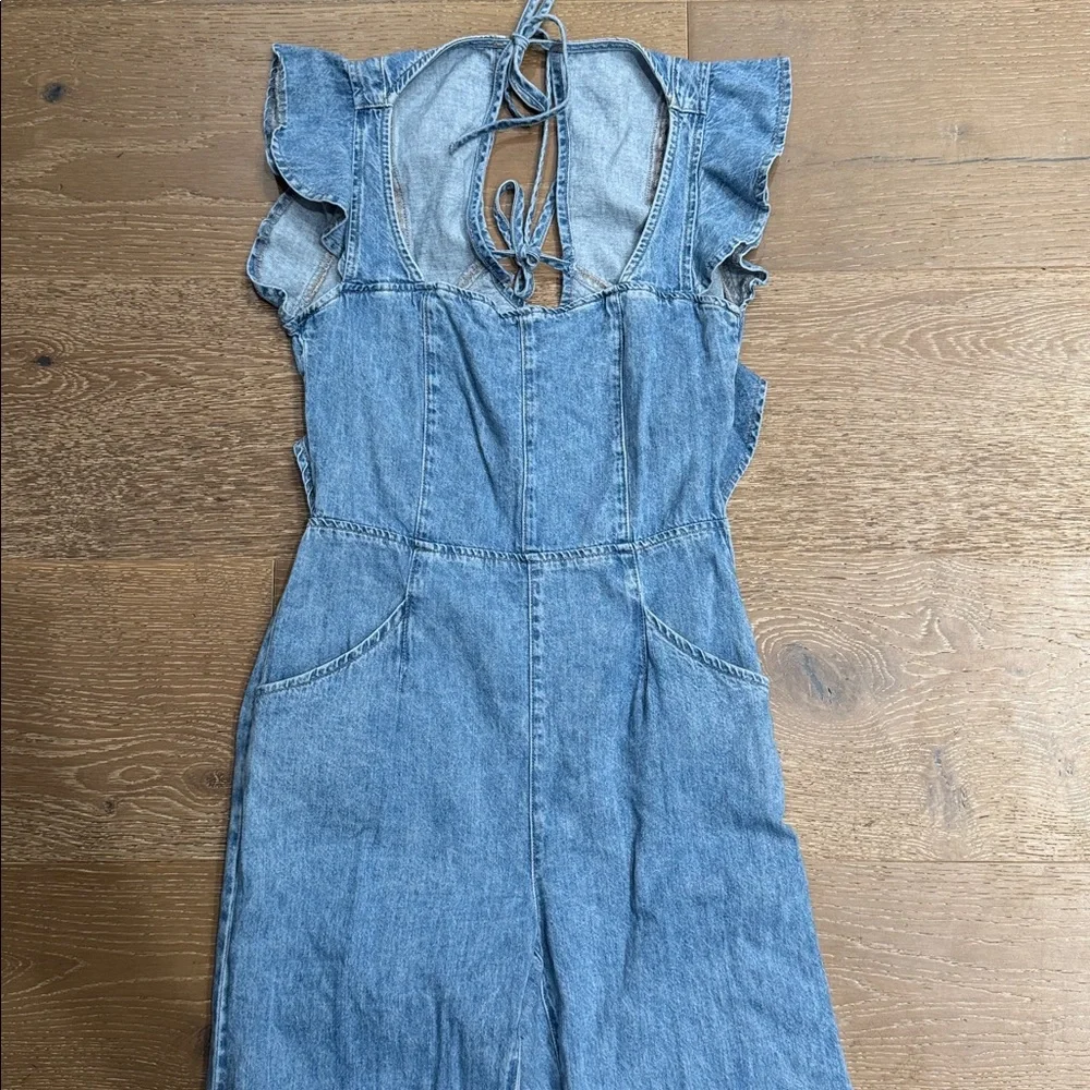 We The Free Free People Denim Tie Front Ruffle Sleeve Wide Leg Jumpsuit Size S - Picture 4 of 6